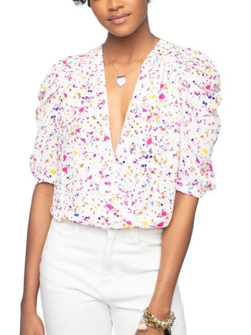 Buddy Love Confetti V-Neck Puff Sleeve Top  Bodysuit White Colorful